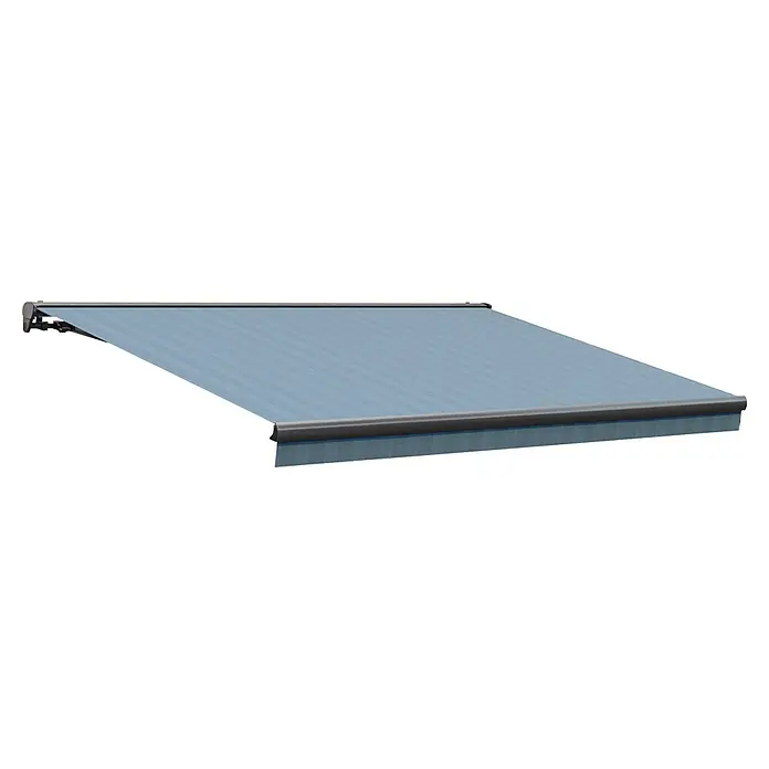 Solid Elements Teilhülsenmarkise 320916 - Blau/Schwarz, Breite: 3,5 m, Ausfall: 2 m - Das Bild zeigt eine graublaue Markise mit einem robusten, dunklen Gestell, ideal für den Sonnenschutz auf Terrassen.
