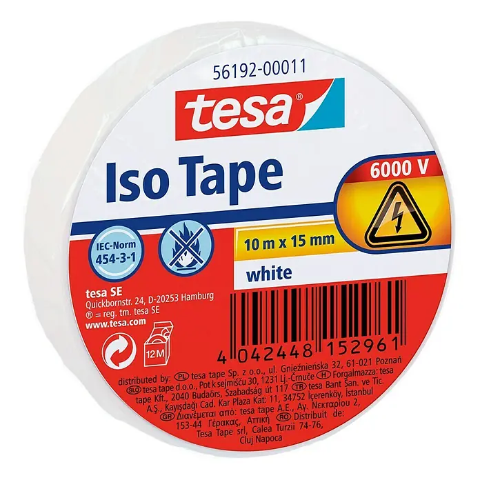 Tesa Isolierband Iso Tape - Weiß, 10 m x 15 mm - Tesa Iso Tape: Isolierband, 10m x 15mm, weiß, geprüft bis 6000V, für sichere Elektroinstallationen und Reparaturen.