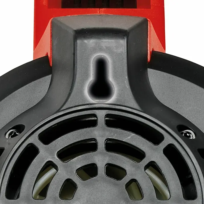 Einhell PXC 18V Soplador de hojas de batería GE-UB 18/250 Li E-Solo - 18 V, Sin batería, Velocidad de soplado: 250 km/h, Potencia de soplado: 120 m³/h - Primer plano de una pistola de calor negra con montura roja, que cuenta con una ranura para colgarla fácilmente.
