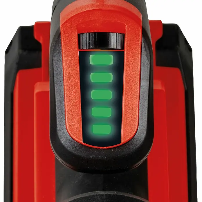 Einhell PXC 18V Soplador de hojas de batería GE-UB 18/250 Li E-Solo - 18 V, Sin batería, Velocidad de soplado: 250 km/h, Potencia de soplado: 120 m³/h - Primer plano del indicador de batería de una herramienta eléctrica que muestra una carga completa con cinco luces LED verdes iluminadas.\n