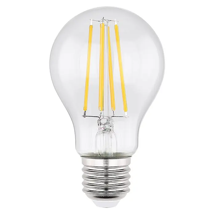 Globo LED-Lampe - E27, Nicht Dimmbar, Warmweiß, 806 lm, 7 W - Nahaufnahme einer klaren LED-Glühbirne mit vier Filamenten, die eine warme Beleuchtung für Wohnräume bieten.