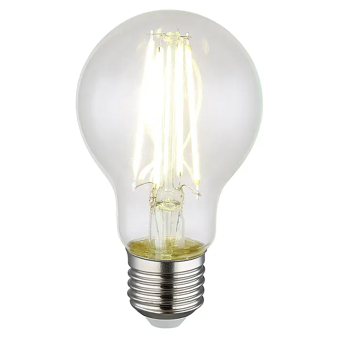 Globo LED-Lampe - E27, Nicht Dimmbar, Warmweiß, 806 lm, 7 W - Nahaufnahme einer dekorativen LED-Lampe mit klarem Glas und sichtbaren Filamenten, ideal für stimmungsvolle Beleuchtung.