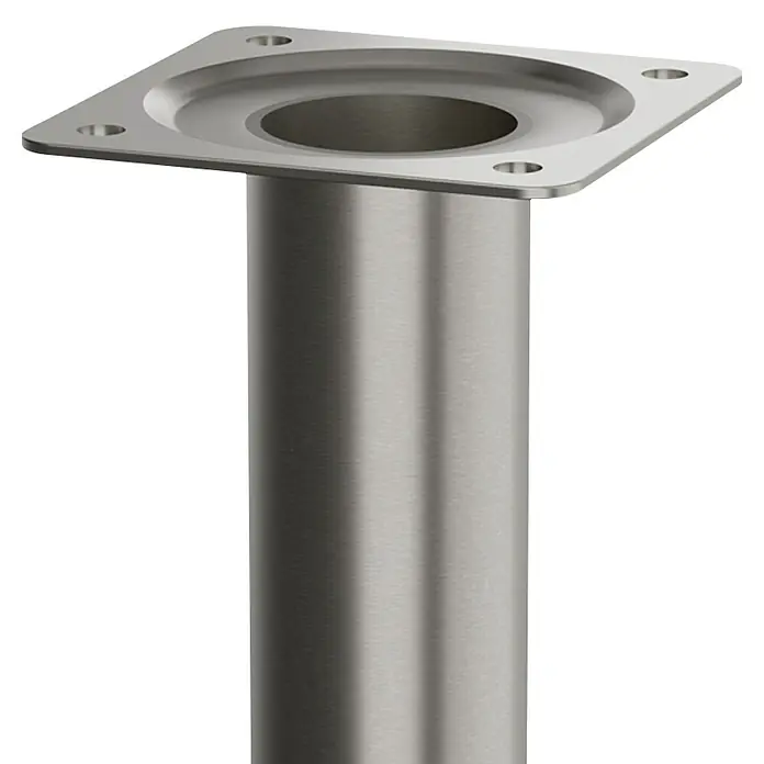 Walteco Möbelfuß - L x B x H: 3 x 3 x 80 cm, Ø x H: 3 x 80 cm, Traglast: 50 kg, Stahl, Nickel - Nahaufnahme eines silbernen Metalltischbeins mit quadratischer Platte und zylindrischem Schaft.
