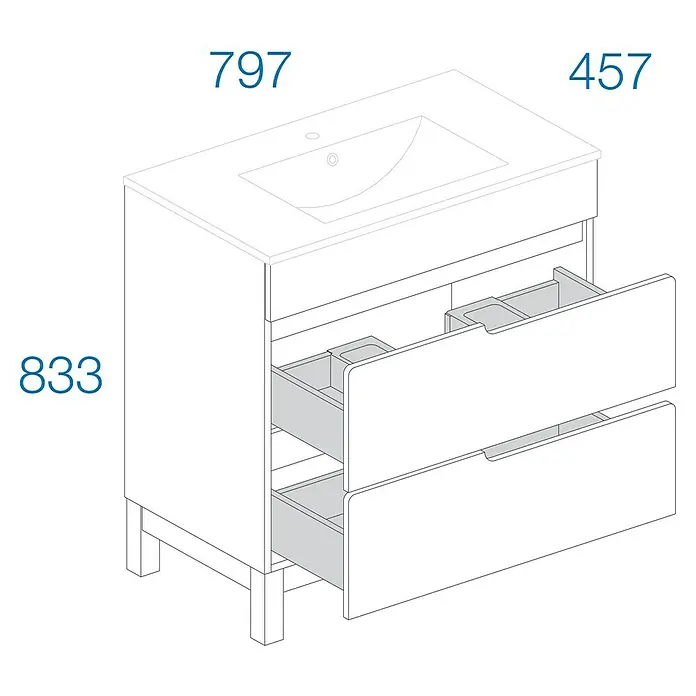 Astor Spek Waschtischunterschrank - 79,7 x 45,7 x 83,3 cm, Weiß/Eiche-Optik, Hochglanz, 2 Schubkästen - Bild einer Badezimmereinheit mit Waschbecken und zwei Schubladen, beschriftet mit den Maßen 797, 457 und 833.