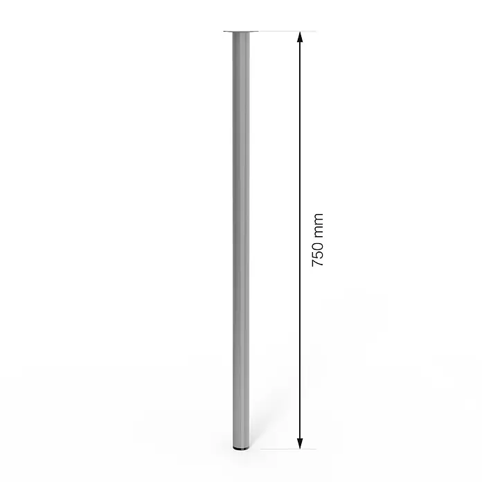 Walteco Möbelfuß - L x B x H: 3 x 3 x 75 cm, Ø x H: 3 x 75 cm, Traglast: 50 kg, Stahl, Grau - Bild einer silbernen Tischbein mit einer Länge von 750 mm, die für Möbelkonstruktionen verwendet werden kann.