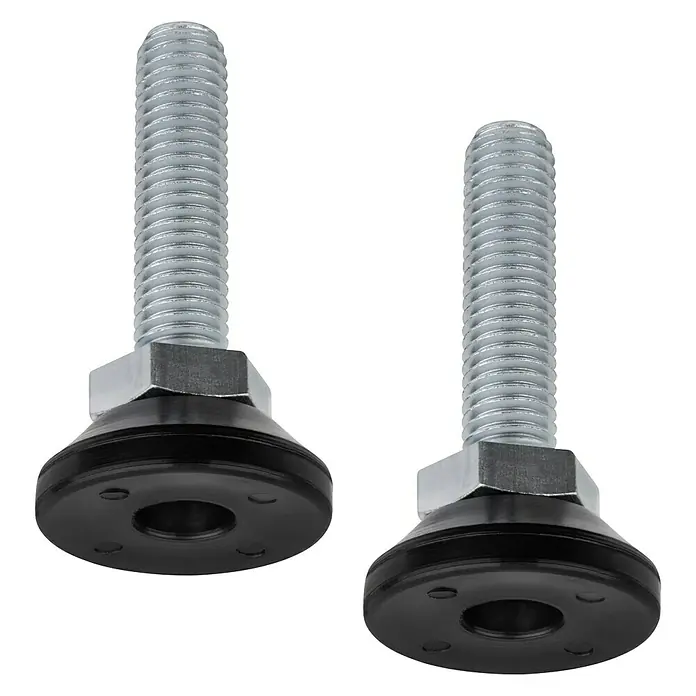 Walteco Regulierschrauben - Gewinde: M 10, L x B x H: 3 x 3 x 4 cm - Zwei höhenverstellbare Nivellierfüße mit Gewindebolzen, Sechskantmutter und schwarzem Fuß für den Einsatz an Möbeln und Geräten.