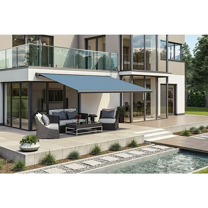Solid Elements Vollkassettenmarkise Solid-S 320916Blau/Schwarz, Farbe Gestell: Anthrazitgrau, Breite: 5 m, Ausfall: 1,5 m - Terrasse mit stilvoller Markise.