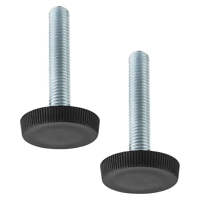 Walteco Regulierschrauben - Gewinde: M 10, L x B x H: 5,6 x 4,5 x 4,5 cm - Nahaufnahme von zwei verstellbaren Füßen, bestehend aus einer Gewindestange und einer runden, gerändelten Basis für verbesserte Stabilität.
