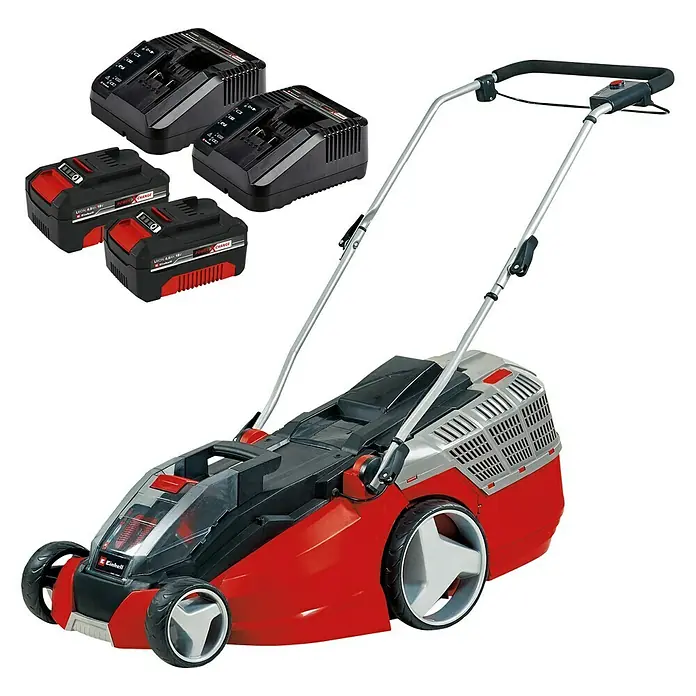 Einhell Power X-Change 18V Akku-Rasenmäher GE-CM 43 Li M Kit - 18 V, 2 Akkus, 4 Ah, Schnittbreite: 43 cm - Ein roter Einhell Akku-Rasenmäher mit zwei Ladegeräten und zwei Akkus, ideal für die Gartenarbeit.