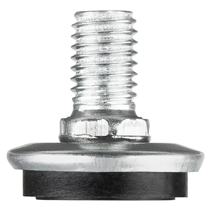 Walteco Regulierschrauben - Gewinde: M 10, L x B x H: 3 x 3 x 2,7 cm - Nahaufnahme einer silberfarbenen Schraube mit Gewinde und schwarzem Unterteil, die Details und Beschaffenheit hervorhebt.