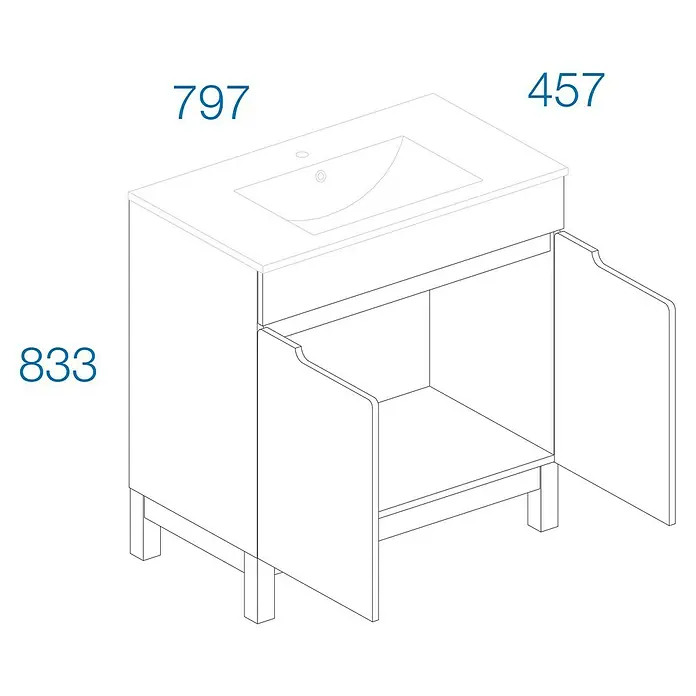 Astor Spek Waschtischunterschrank - 79,7 x 45,7 x 83,3 cm, Weiß/Eiche-Optik, Hochglanz, 2 Türen - Abbildung eines Waschbeckens mit Unterschrank, der viel Stauraum bietet und sich perfekt für jedes Badezimmer eignet.