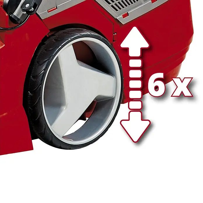 Einhell Power X-Change 18V Akku-Rasenmäher GE-CM 43 Li M Kit - 18 V, 2 Akkus, 4 Ah, Schnittbreite: 43 cm - Detailaufnahme eines Rasenmähers mit sechs Höheneinstellungen. Praktisch für jeden Garten.