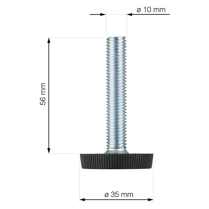 Walteco Regulierschrauben - Gewinde: M 10, L x B x H: 5,6 x 4,5 x 4,5 cm - Das Bild zeigt einen höhenverstellbaren Möbelfuß aus Metall und Gummi mit einer Gesamthöhe von 56 mm und einem Durchmesser von 35 mm am Gummifuß.