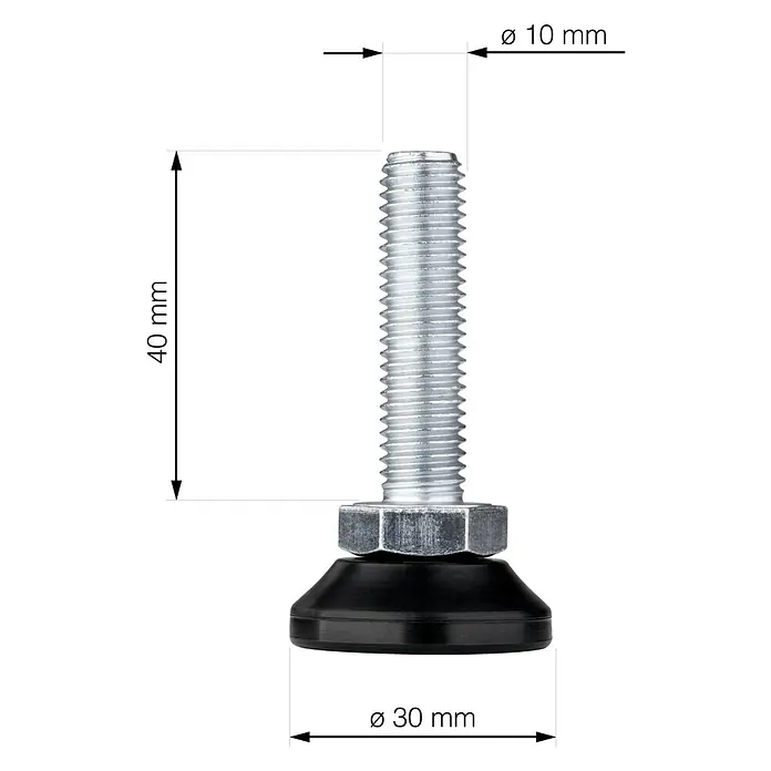 Walteco Regulierschrauben - Gewinde: M 10, L x B x H: 3 x 3 x 4 cm - Produktbild eines Nivellierfußes mit technischen Details wie Durchmesser und Länge. Der Fuß besteht aus Metall und Gummi.
