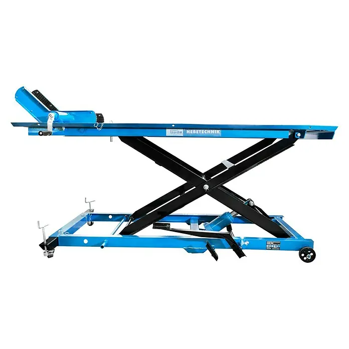Güde Montagerampe GMR 560 - Höhenverstellung: 22 cm - 79 cm - Abgebildete Hebebühne von Güde Hebetechnik, ideal für Motorradreparaturen und -wartung. Robuste Konstruktion für sicheres Anheben.
