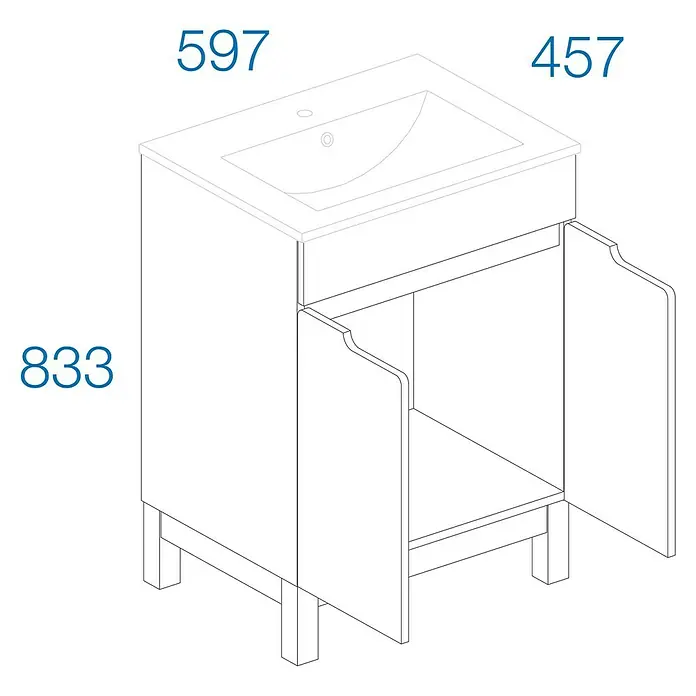 Astor Spek Waschtischunterschrank - 59,7 x 45,7 x 83,3 cm, Weiß/Eiche-Optik, Hochglanz, 2 Türen - Abbildung eines Waschtischunterschranks mit den Maßen 597 x 457 x 833 mm für die Badezimmergestaltung.