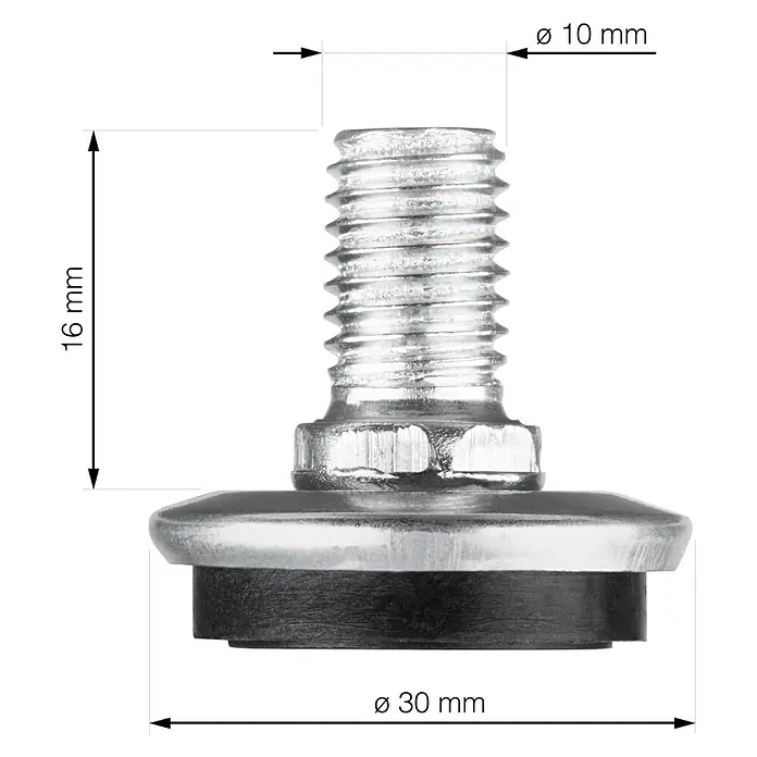 Walteco Regulierschrauben - Gewinde: M 10, L x B x H: 3 x 3 x 2,7 cm - Das Produkt ist ein verstellbarer Nivellierfuß mit einer Schraube, der eine Höhe von 16 mm hat und einen Durchmesser von 30 mm besitzt.