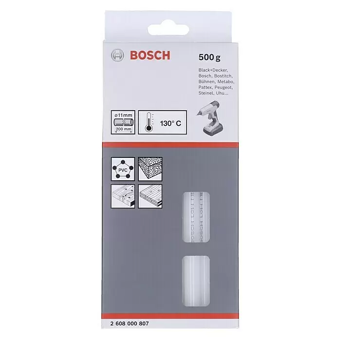 Bosch Klebepatronen Niedrigtemperatur - Transparent, 26 Stk., Durchmesser Klebepatrone: 11 mm - Weiße Bosch Heißklebestifte (500g, Ø11x200mm, 130°C) in Verpackung.