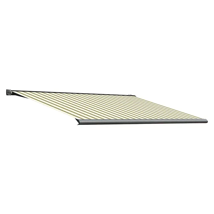 Solid Elements Vollkassettenmarkise Solid-S 320B70 - Grün/Beige, Farbe Gestell: Anthrazitgrau, Breite: 5,5 m, Ausfall: 2,5 m - Eine gestreifte Markise bietet Schatten. Die Markise ist weiß und beige gestreift und sorgt für einen entspannenden Außenbereich.