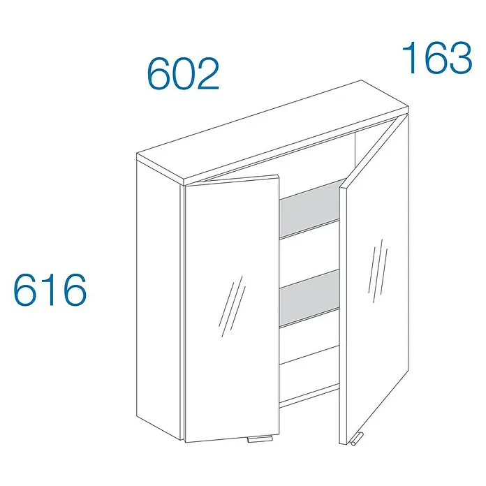 Astor Spek Spiegelschrank - B x H: 60,2 x 61,6 cm, Ohne Beleuchtung, Holz, Weiß/Holzoptik - Abbildung eines Badezimmerschranks mit zwei Spiegeltüren, der einen Blick auf die inneren Regale und die Abmessungen des Schranks ermöglicht.