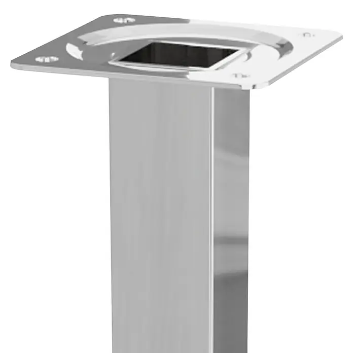 Walteco Möbelfuß - L x B x H: 25 x 2,5 x 20 cm, Traglast: 50 kg, Stahl, Silber, Glänzend - Dieser Artikel zeigt ein modernes, silberfarbenes Tischbein mit einer quadratischen Montageplatte. Das Bein ist schlank und aus Metall gefertigt.
