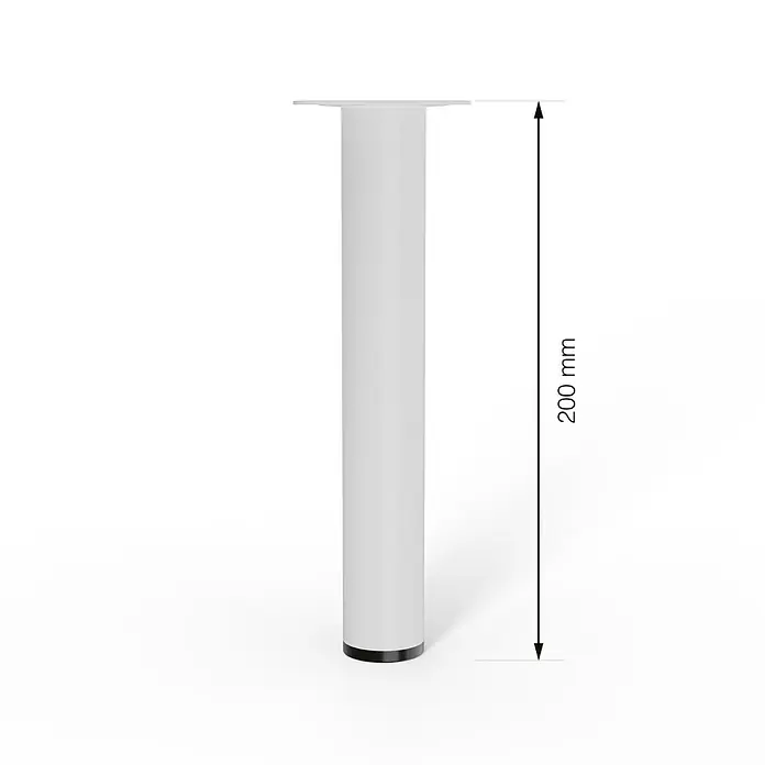 Walteco Möbelfuß - L x B x H: 3 x 3 x 20 cm, Ø x H: 3 x 20 cm, Traglast: 50 kg, Stahl, Weiß - Das Bild zeigt ein 200 mm langes, weißes Möbelfuß mit einer Montageplatte. Perfekt für Möbelprojekte.