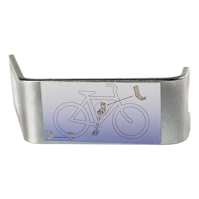 Stabilit Fahrradhalterung - 11,6 x 5 x 10,7 cm, Belastbarkeit: 100 kg - Das Bild zeigt eine silberne Fahrradhalterung mit einer Anleitung zur Montage, die auf einem Aufkleber abgebildet ist.