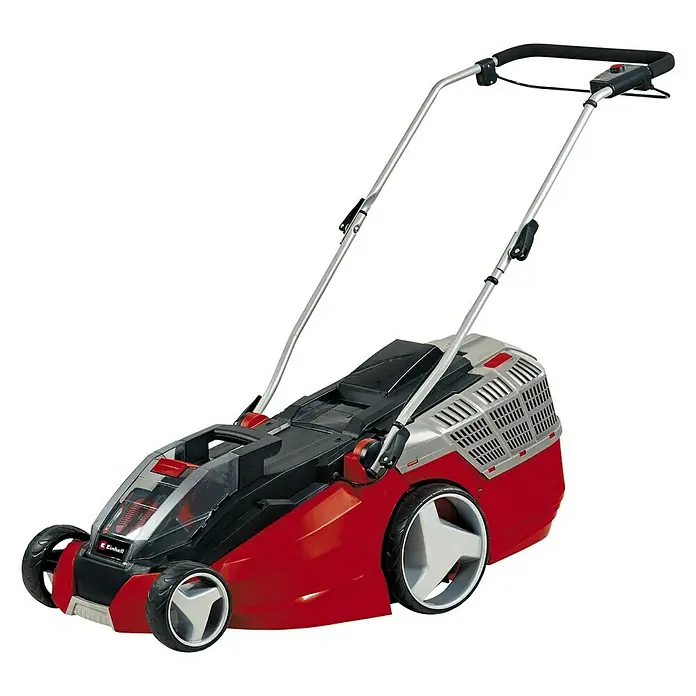 Einhell Power X-Change 18V Akku-Rasenmäher GE-CM 43 Li M Kit - 18 V, 2 Akkus, 4 Ah, Schnittbreite: 43 cm - Ein roter Einhell Akku-Rasenmäher mit silberfarbenen Akzenten und einem verstellbaren Griff für komfortables Rasenmähen.