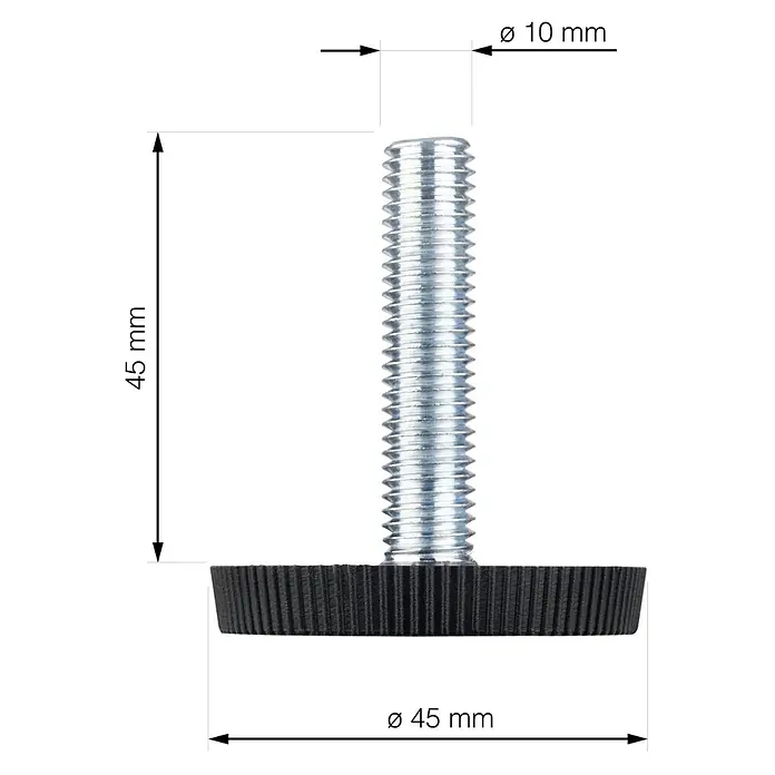 Walteco Regulierschrauben - Gewinde: M 10, L x B x H: 4,5 x 4,5 x 4,5 cm - Nahaufnahme eines Stellfußes mit Gewinde und Abmessungen. Der Stellfuß ist aus Metall und Kunststoff gefertigt und hat einen Durchmesser von 45 mm.