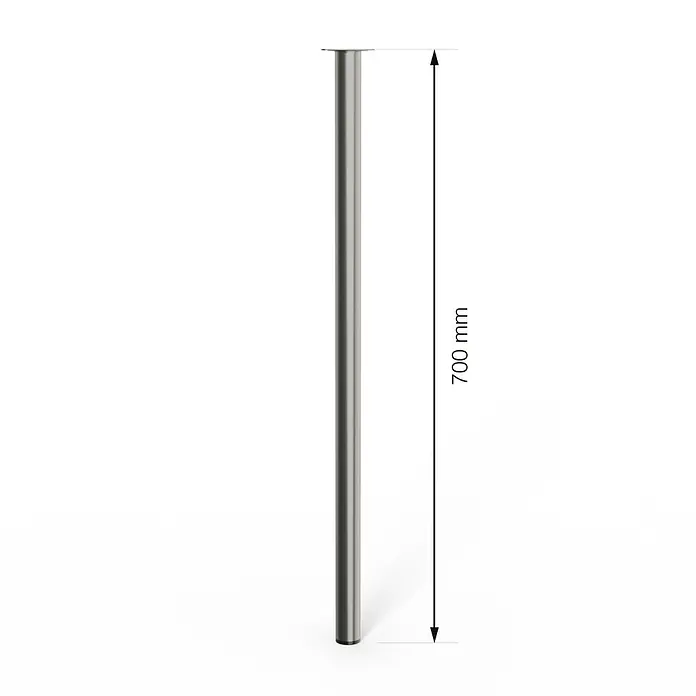 Walteco Möbelfuß - L x B x H: 3 x 3 x 70 cm, Ø x H: 3 x 70 cm, Traglast: 50 kg, Stahl, Nickel - Darstellung eines 700 mm langen, silberfarbenen Tischbeins mit einer Montageplatte. Perfekt für DIY-Möbelprojekte und modernes Design.