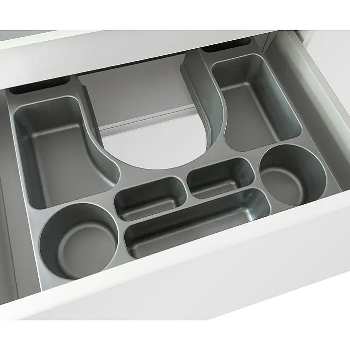 Astor Spek Waschtischunterschrank - 79,7 x 45,7 x 83,3 cm, Weiß/Eiche-Optik, Hochglanz, 2 Schubkästen - Ein Blick in eine offene Schublade mit einem grauen, geformten Einsatz zur Organisation von Gegenständen.