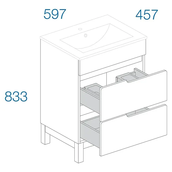 Astor Spek Waschtischunterschrank - 59,7 x 45,7 x 83,3 cm, Weiß/Eiche-Optik, Hochglanz, 2 Schubkästen - Zeichnung eines Waschbeckenunterschranks mit zwei Schubladen und den Maßen 597 x 457 x 833 mm.
