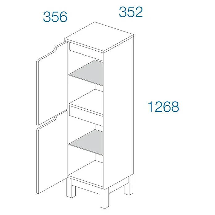 Astor Spek Midischrank - 35,2 x 35,6 x 126,8 cm, Weiß/Eiche-Optik - Abbildung eines schmalen, hohen Badezimmerschranks in Weiß mit offenen Türen und mehreren Regalen.