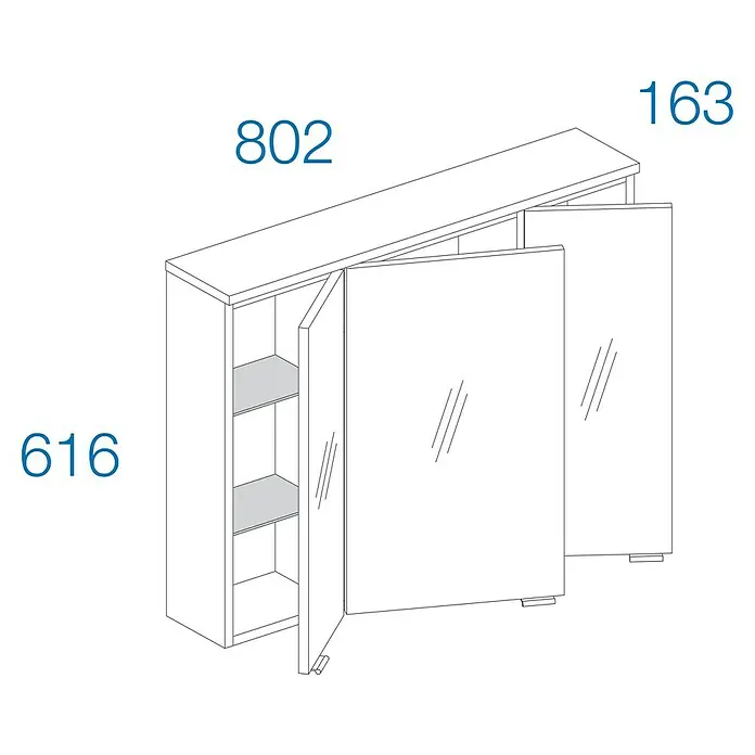 Astor Spek Spiegelschrank - B x H: 80 x 61,1 cm, Ohne Beleuchtung, Holz, Weiß/Holzoptik - Darstellung eines Hängeschranks mit offenen und geschlossenen Fächern und den Maßangaben 616, 802 und 163.