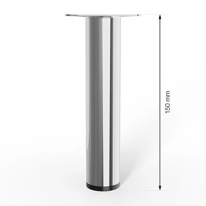 Walteco Möbelfuß - L x B x H: 3 x 3 x 15 cm, Ø x H: 3 x 15 cm, Traglast: 50 kg, Stahl, Silber - Das Bild zeigt ein glänzendes, silberfarbenes Möbelfuß aus Metall mit einer Höhe von 150 mm und einer flachen Montageplatte.