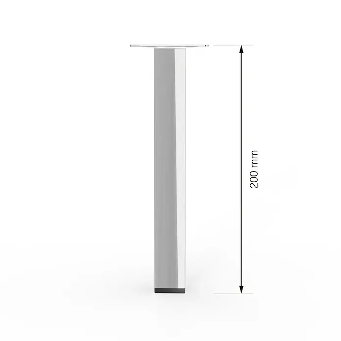 Walteco Möbelfuß - L x B x H: 25 x 2,5 x 20 cm, Traglast: 50 kg, Stahl, Silber, Glänzend - Abbildung eines 200 mm hohen, silberfarbenen, quadratischen Möbelfußes, der sich ideal für Tische oder Schränke eignet.