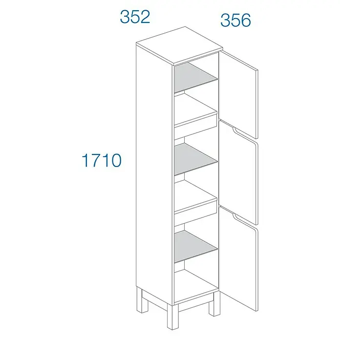 Astor Spek Hochschrank - 35,2 x 35,6 x 170,5 cm, Weiß/Eiche-Optik - Abbildung eines Küchenschranks mit den Maßen 1710x352x356. Der Schrank ist hoch und schmal, mit mehreren Einlegeböden und einer geöffneten Tür.