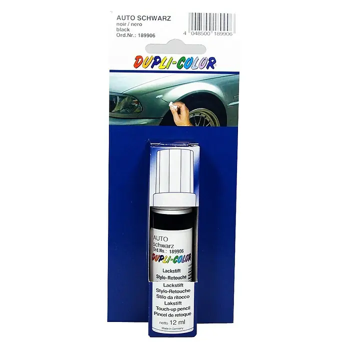 Dupli-Color Auto-Acryllackstift - Schwarz, Glänzend, 12 ml - Abbildung einer Dupli-Color Auto-Reparaturlackstift in Schwarz, ideal zur Ausbesserung von Lackschäden am Auto.
