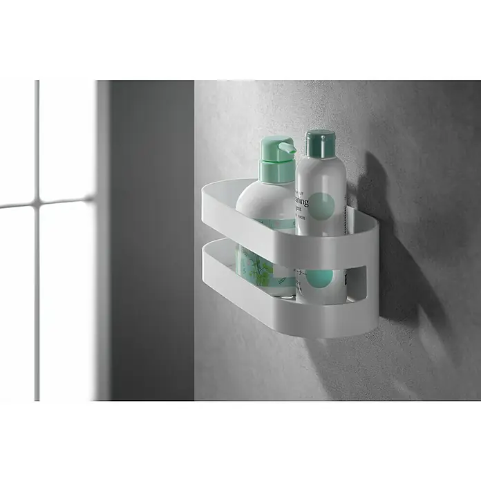 Imex Cesta de baño Nirmala - 10,4 x 25 x 9 cm, Acero inoxidable, Blanco - Un estante de ducha de metal blanco de dos niveles con dos frascos de productos de baño para organizar el baño.