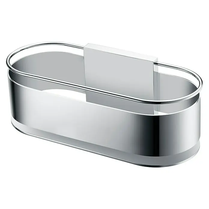 Imex Cesta de baño Anga - 12 x 28 x 10,3 cm, Acero inoxidable, Cromo - Primer plano de una cesta de ducha rectangular cromada con barandilla y placa de montaje para accesorios de baño.