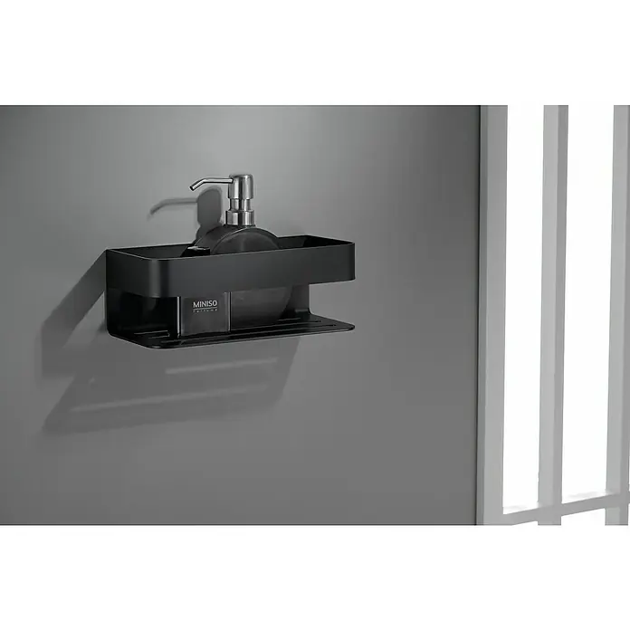 Imex Cesta de baño Mayura - 11 x 25,6 x 8 cm, Acero inoxidable, Negro - Estante de pared con dispensador de jabón y perfume Miniso, ideal para baño o cocina, en elegante color negro.