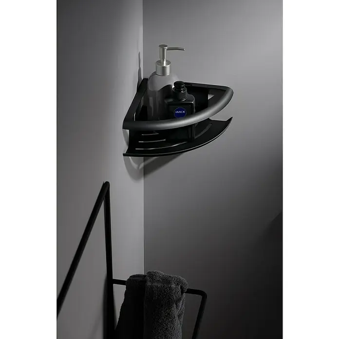 Imex Cesta de baño angular Dhanu - 20 x 20 x 9 cm, Acero inoxidable, Negro - Elegante estante esquinero negro con dos botellas, que ofrece una organización elegante al baño con un toque de diseño moderno.