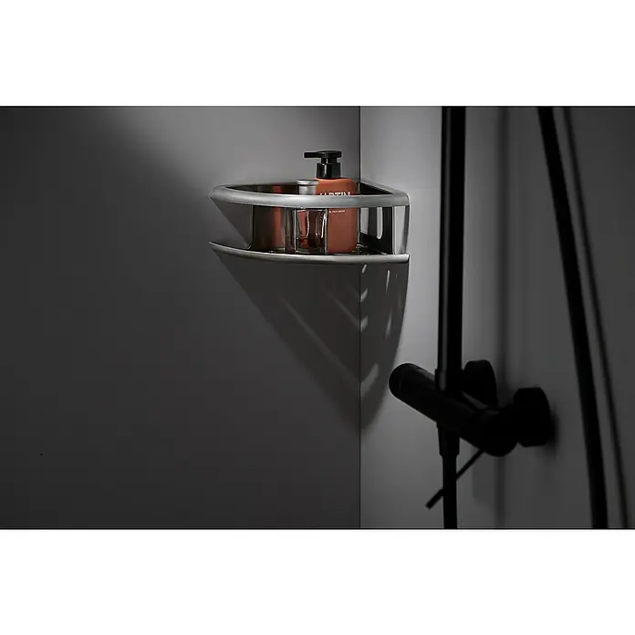 Imex Cesta de baño angular Dhanu - 20 x 20 x 9 cm, Acero inoxidable, Níquel - Estante esquinero con productos para el cuidado corporal. El estante proporciona un almacenamiento elegante para artículos de baño.