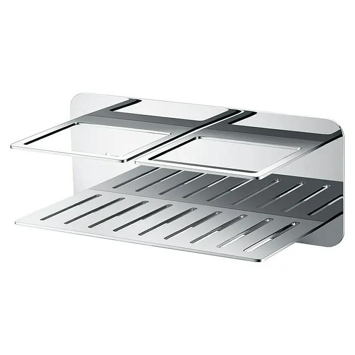 Imex Cesta de baño Iman - 12,7 x 36 x 13,5 cm, Acero inoxidable, Cromo - Esta foto muestra un cesto de ducha cromado de dos niveles montado en la pared, que almacena artículos de baño con estilo.
