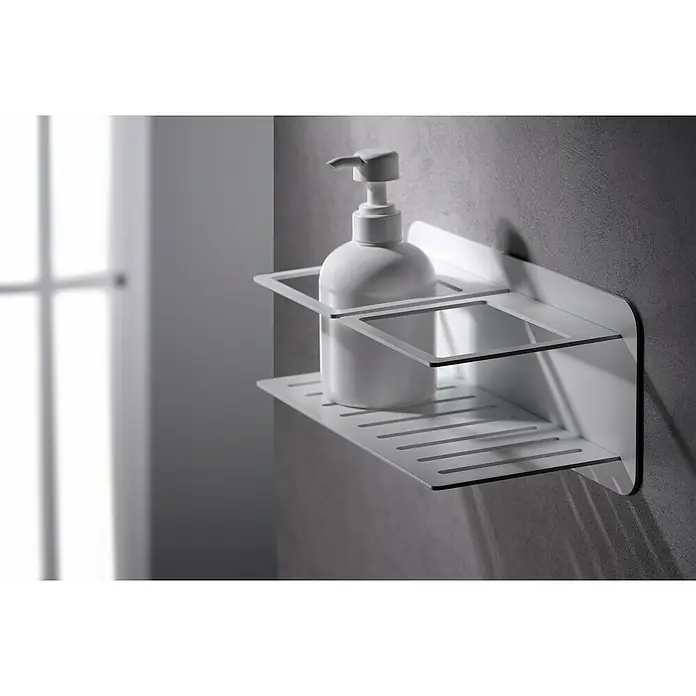 Imex Cesta de baño Iman - 12,7 x 36 x 13,5 cm, Acero inoxidable, Blanco - Elegante estante de pared blanco con una botella de jabón con dispensador. Su diseño moderno y elegante encaja en cualquier baño.
