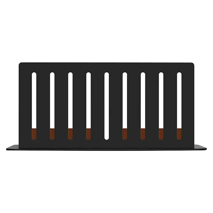 Imex Cesta de baño Iman - 12,7 x 36 x 13,5 cm, Acero inoxidable, Negro - Estante negro con clavijas marrones, que ofrece una solución elegante y funcional para organizar objetos con una estética minimalista.