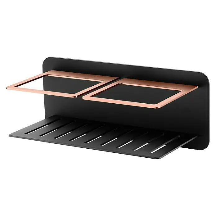 Imex Cesta de baño Iman - 12,7 x 36 x 13,5 cm, Acero inoxidable, Negro/Oro rosa - Esta moderna estantería de pared negra mate con detalles en cobre ofrece un elegante almacenamiento para accesorios de baño o utensilios de cocina.