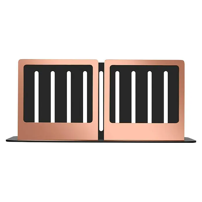 Imex Cesta de baño Iman - 12,7 x 36 x 13,5 cm, Acero inoxidable, Negro/Oro rosa - Primer plano de sujetalibros de cobre pulido con un diseño elegante y moderno con ranuras verticales paralelas.