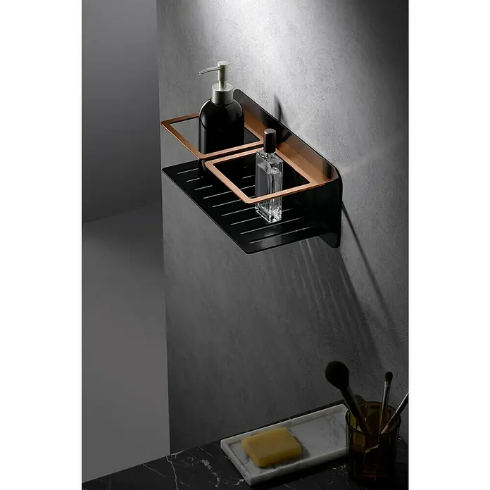 Imex Cesta de baño Iman - 12,7 x 36 x 13,5 cm, Acero inoxidable, Negro/Oro rosa - Elegante estante de baño negro y dorado con dispensador de jabón y frasco de perfume.