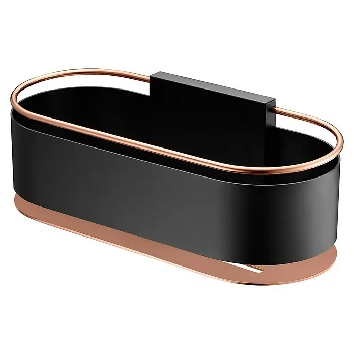 Imex Cesta de baño Anga - 12 x 28 x 10,3 cm, Acero inoxidable, Negro/Oro rosa - Una elegante caja de almacenamiento negra con detalles en cobre para una organización con estilo.